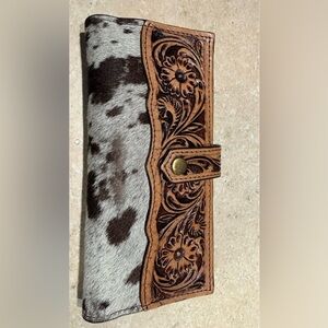 Brown and White Floral Leather Wallet